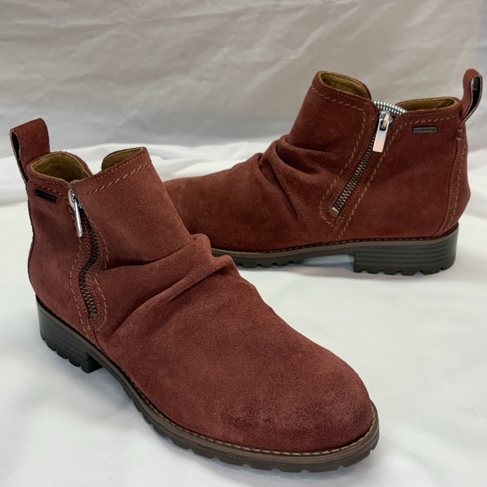 Clarks Aspra Walk Waterproof Suede Ruched Ankle Boots Taupe Women US 8.5